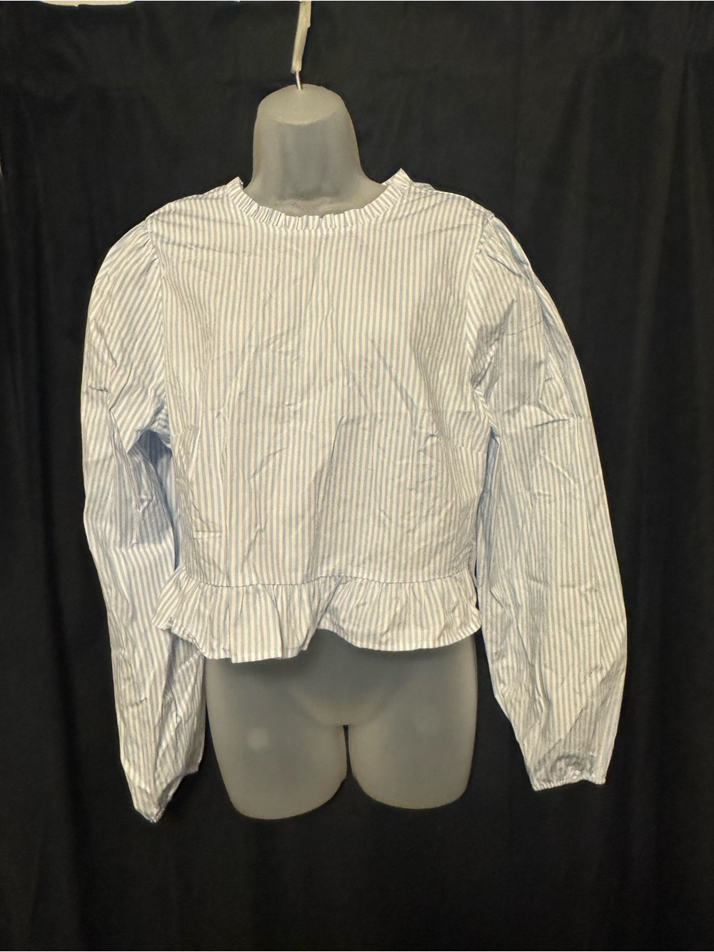 Divided Blue and White Striped Ruffle-Hem Blouse